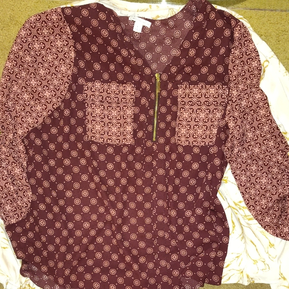 Cato Red 3/4 Sleeve Blouse with Mandarin Collar